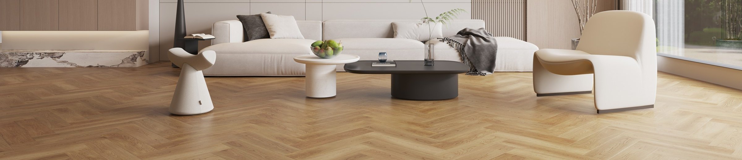 Balıksırtı laminat parke döşenmiş oturma odası